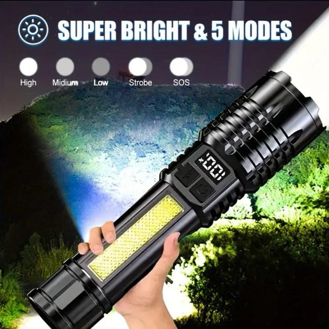 Rechargeable LED Flashlight W/ 5 Modes & Digital Display - Great Camping Accessory!